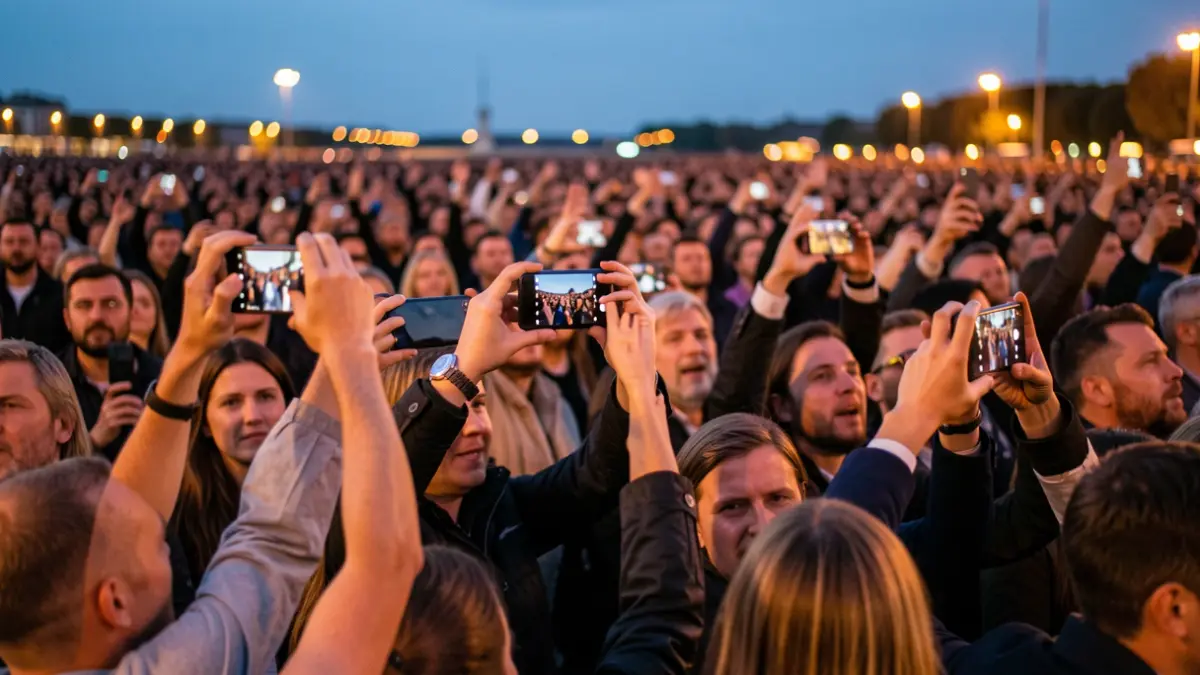Imagen genérica de una multitud con móviles en un evento masivo al atardecer.