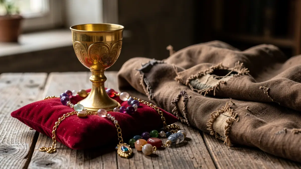 Representación simbólica del poder y la pobreza religiosa: un cáliz dorado y joyas sobre terciopelo rojo frente a ropas andrajosas.