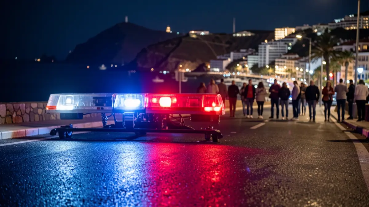 Imagen genérica de luces de emergencia policiales reflejándose en asfalto mojado por la noche.