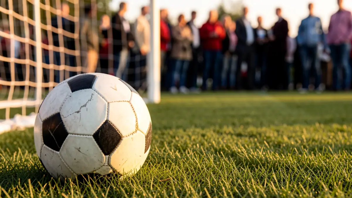Imagen genérica de un balón de fútbol sobre césped con la red de la portería desenfocada.