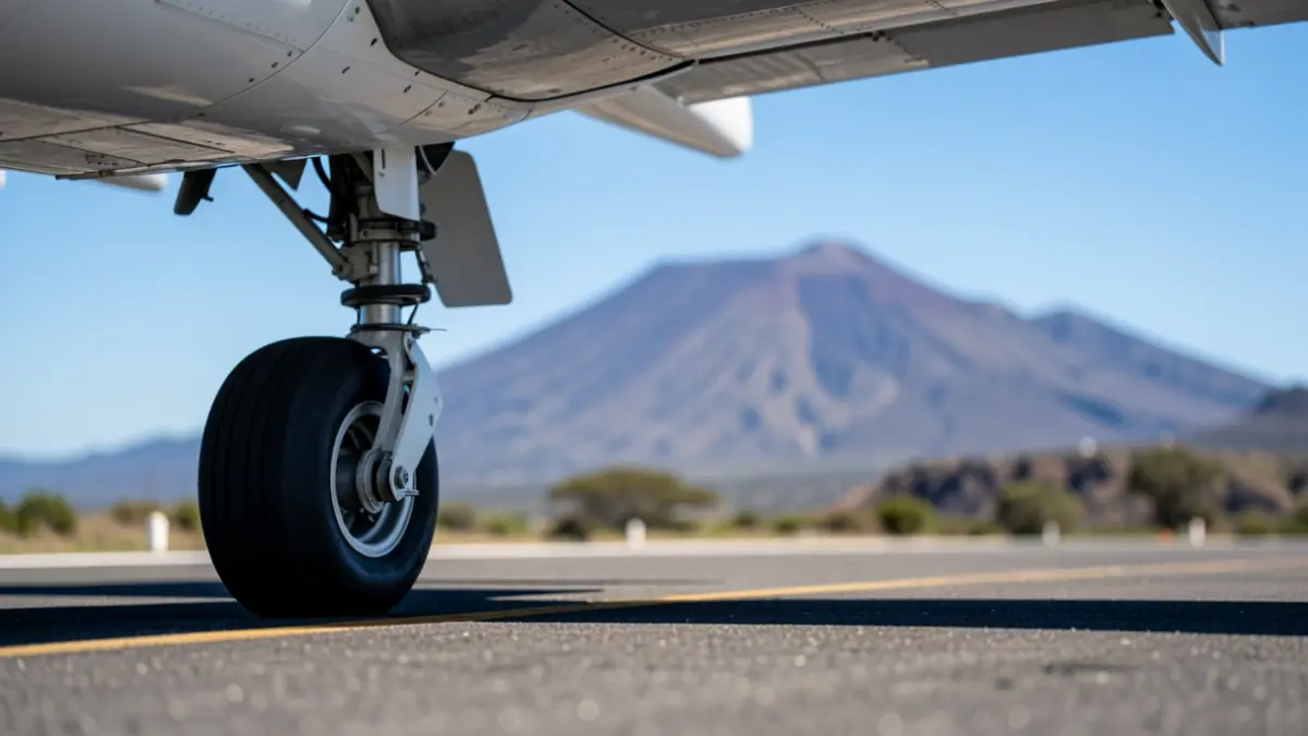 Tren de aterrizaje de un avión tocando tierra en el aeropuerto de La Gomera.