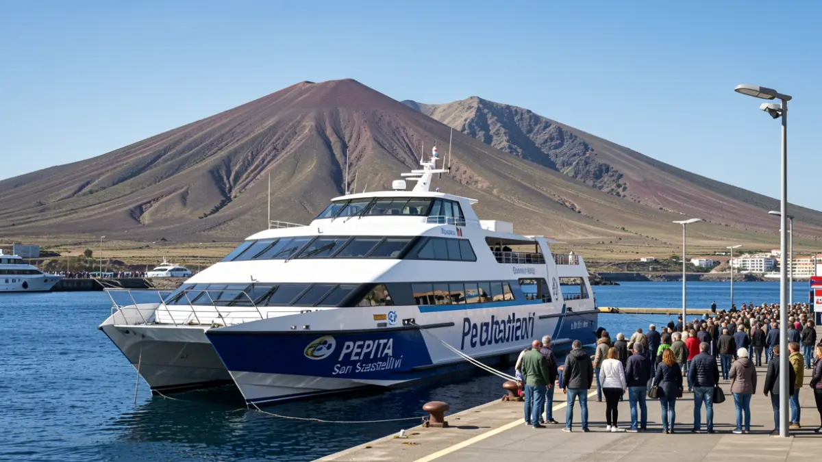Ferry 'Pepita Castellví' atracado en el puerto de San Sebastián de La Gomera con el paisaje volcánico de la isla.