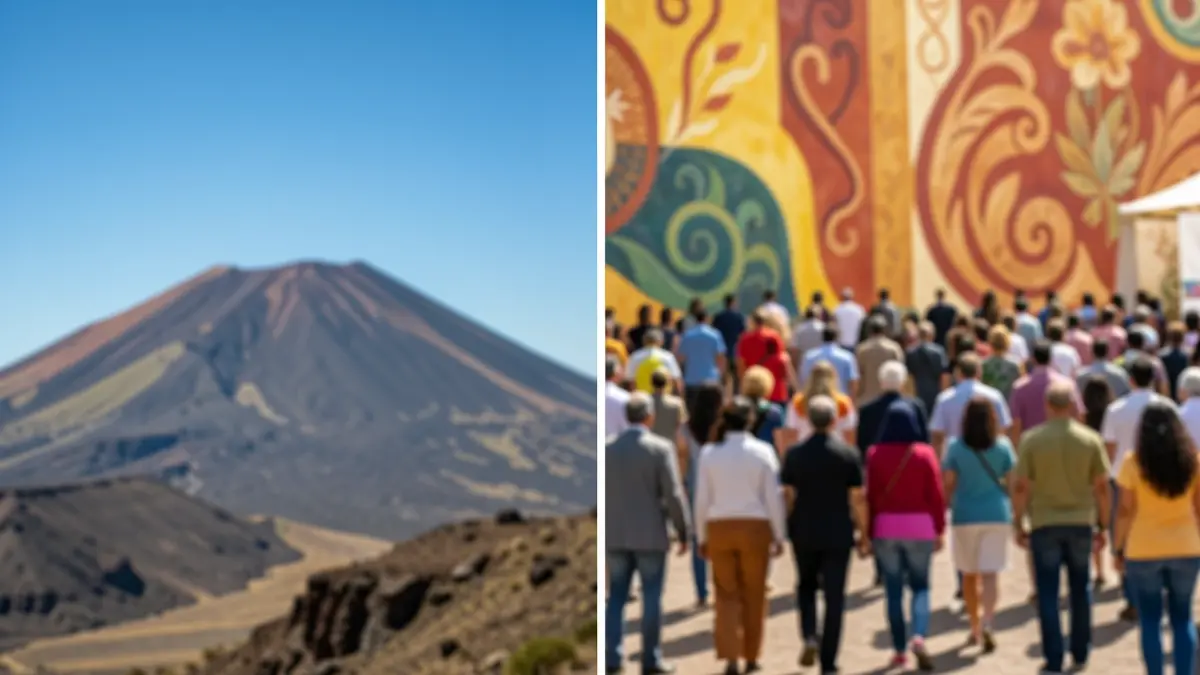 Split image: volcanic landscape of Tenerife and Venezuelan cultural elements.