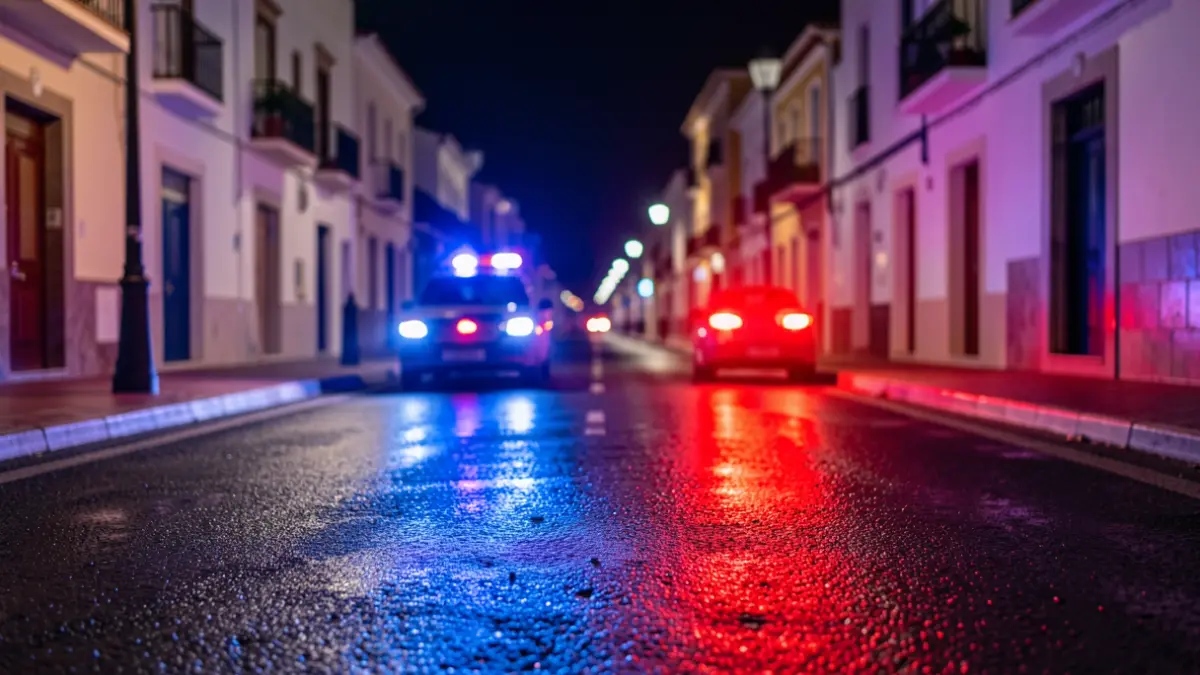 Imagen genérica de luces de emergencia policiales reflejándose en el asfalto mojado por la noche.