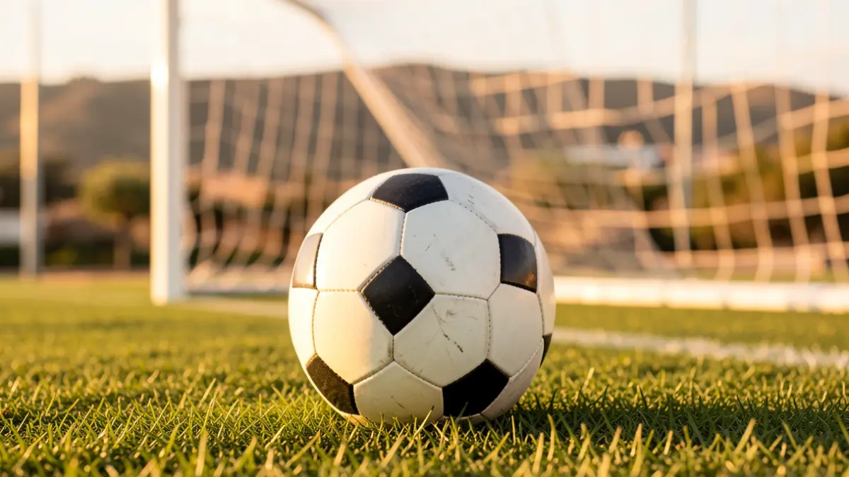 Imagen genérica de un balón de fútbol sobre césped con la red de portería desenfocada.