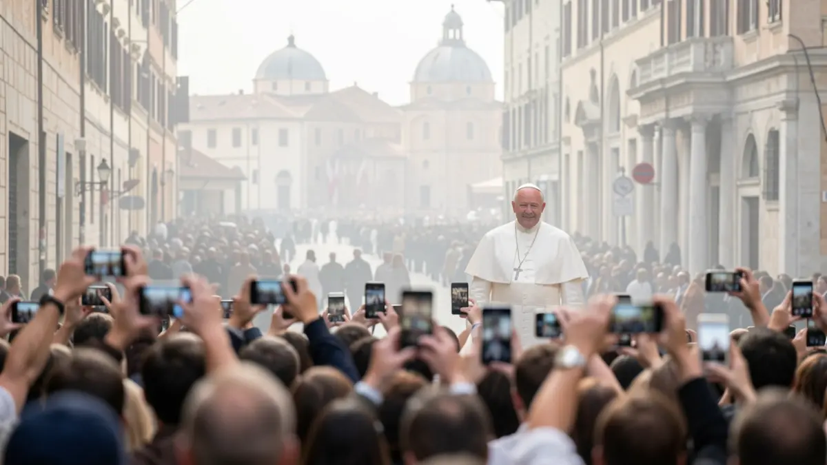 Image representing the evolution of papal devotion, combining modern crowds with technology and historical references.