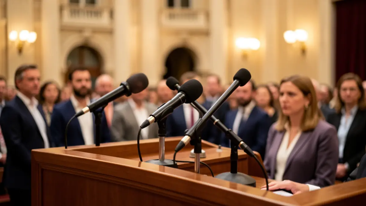 Generic image of microphones on a podium during a political debate.