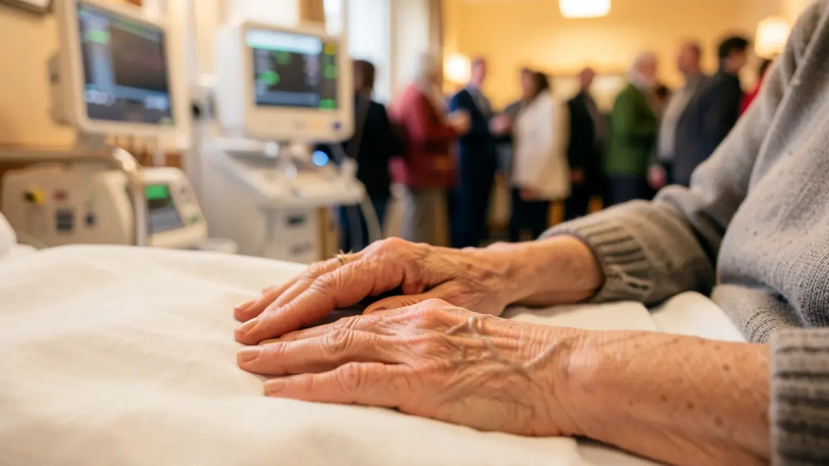 Primer plano de las manos de una persona mayor sobre una manta de hospital, con equipo médico desenfocado al fondo.