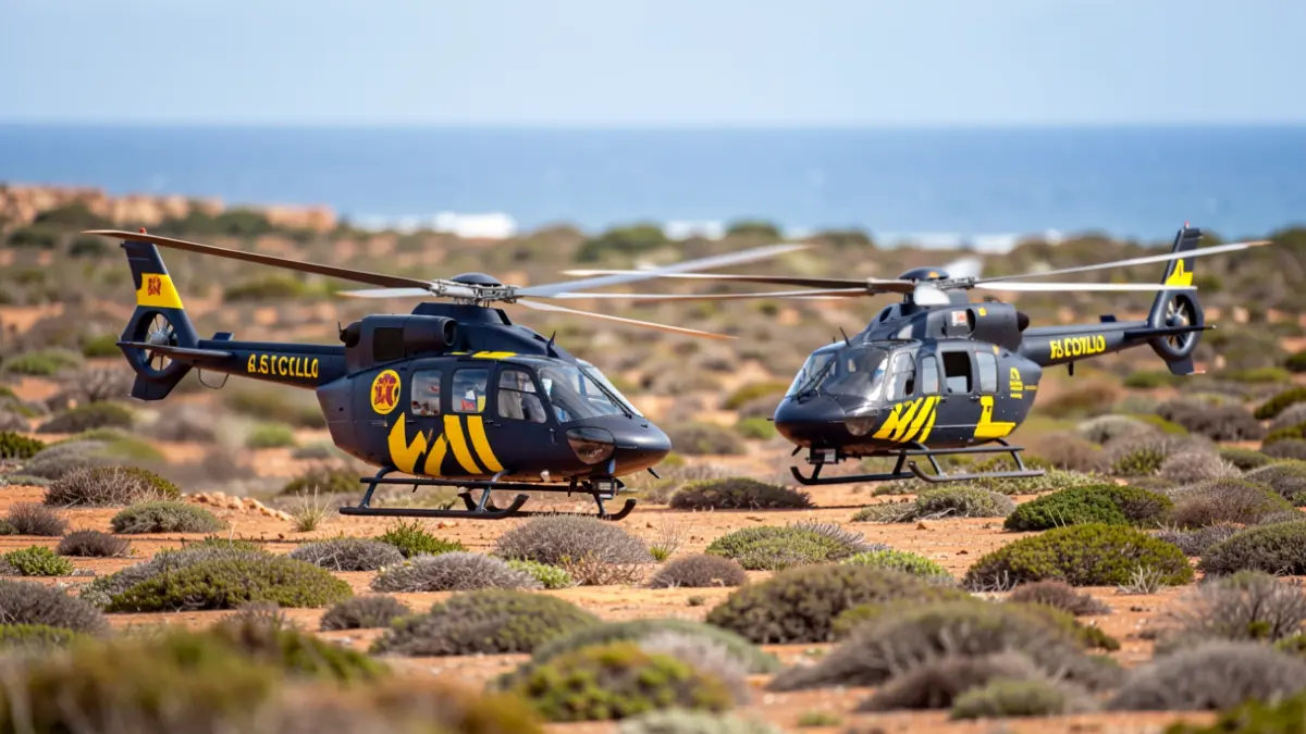 Military helicopters landing in a sensitive area of Fuerteventura.