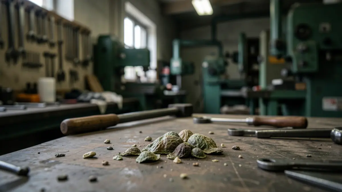 Detalle de excrementos de paloma sobre una zona de trabajo en un taller municipal.