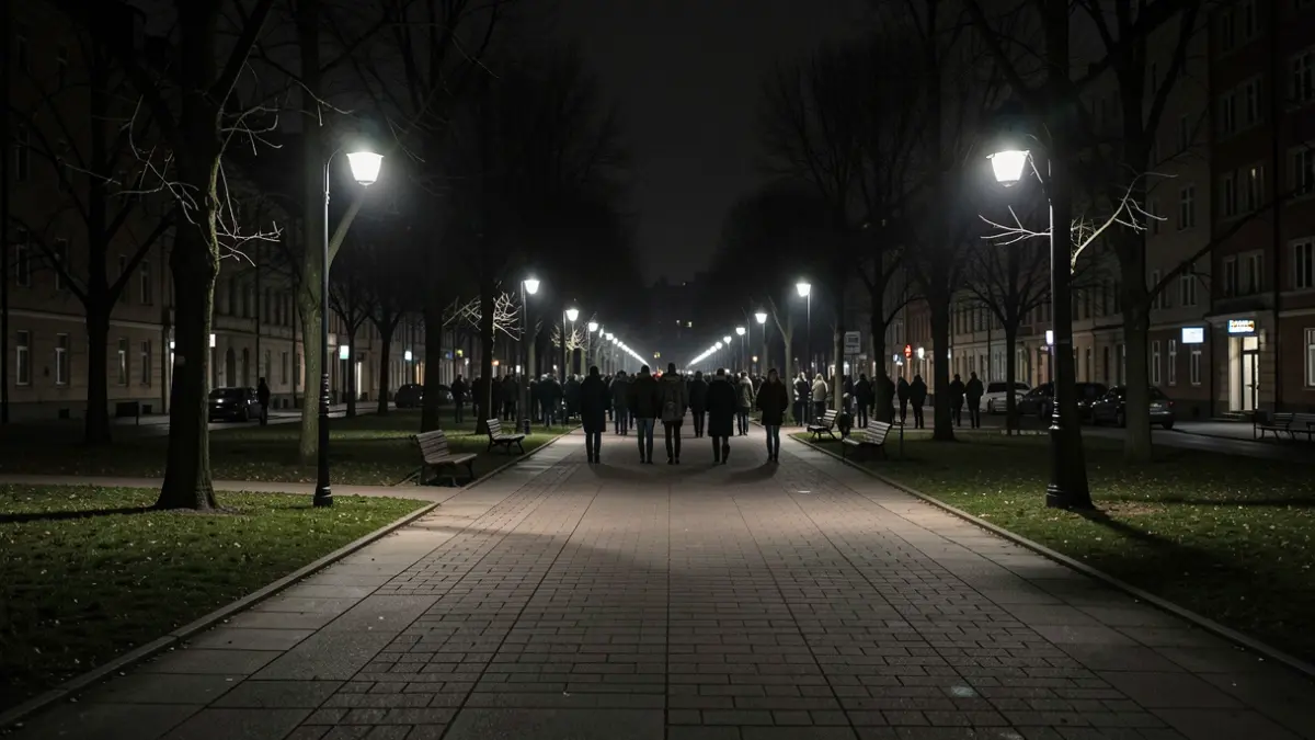 Generic image of a dimly lit urban park at night, conveying a sense of insecurity.
