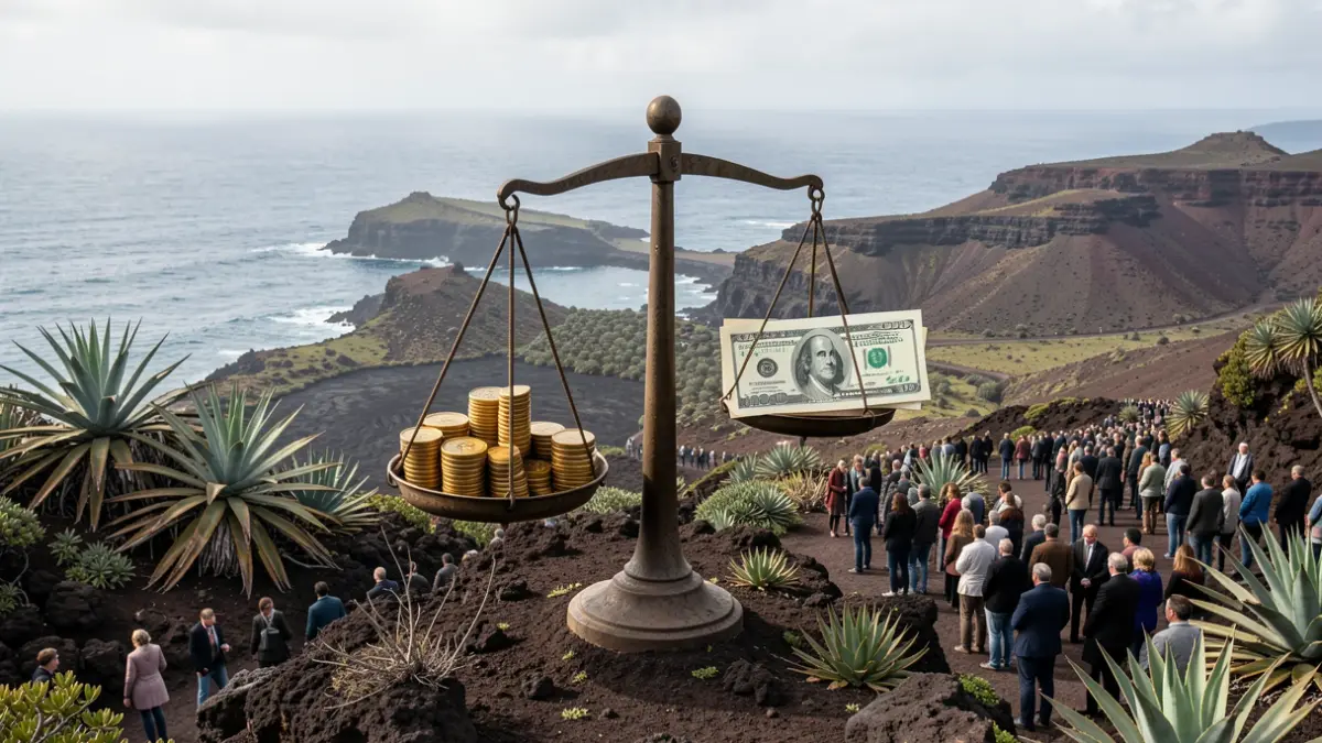 Imagen genérica de un paisaje canario con elementos simbólicos de desequilibrio financiero.