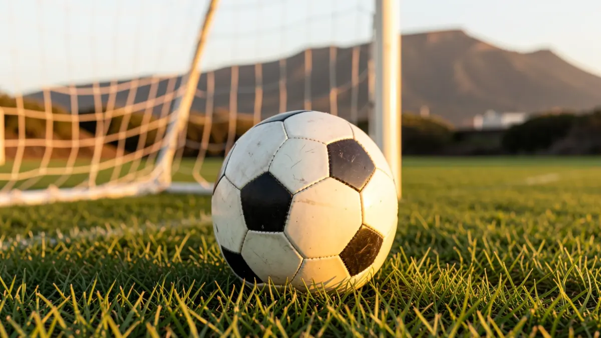 Generic image of a soccer ball on grass with the goal net out of focus.