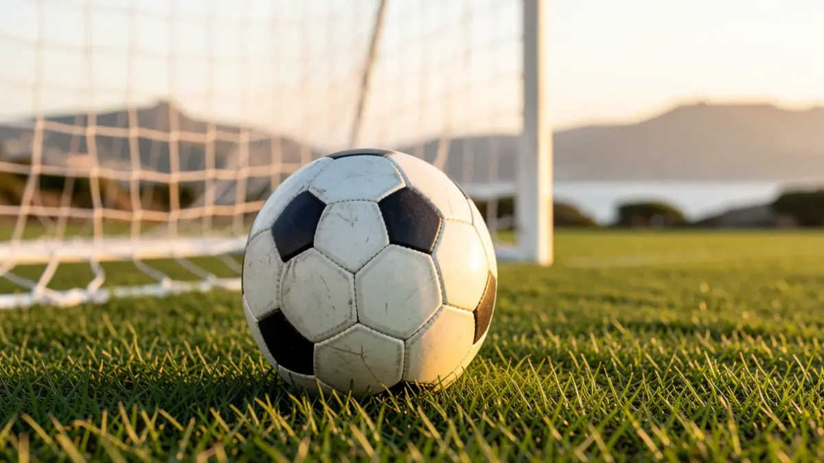 Generic image of a soccer ball on grass with a blurred goal net.