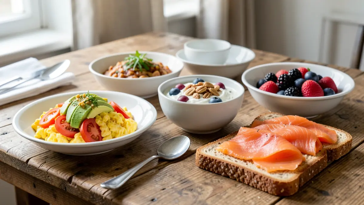 Image of a healthy, protein-rich breakfast with eggs, Greek yogurt, salmon, and avocado.
