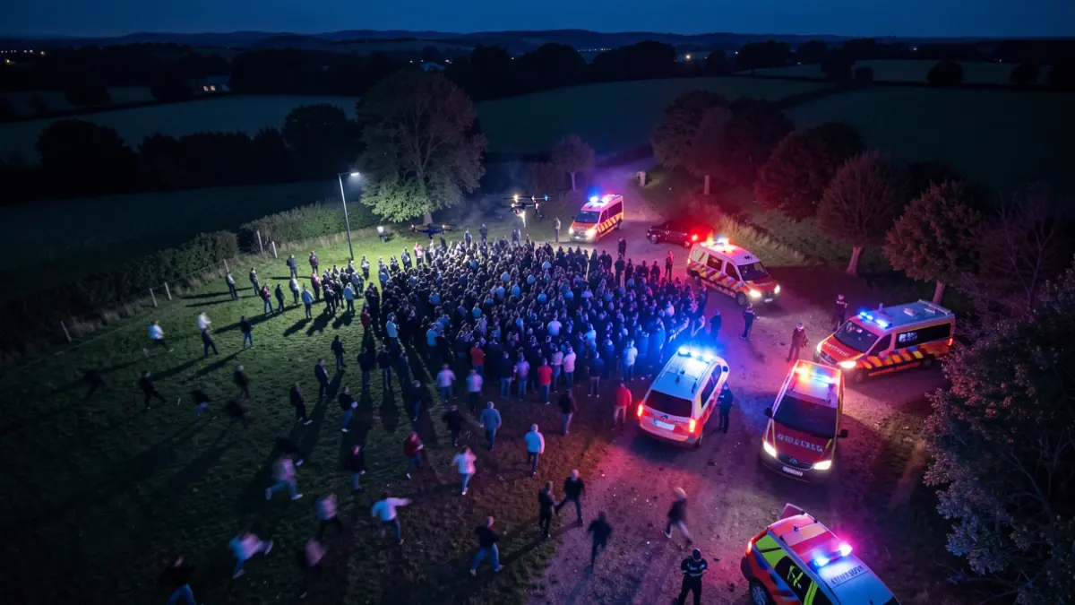 Vista aérea de una fiesta ilegal siendo dispersada por drones y vehículos policiales en una finca rural de noche.