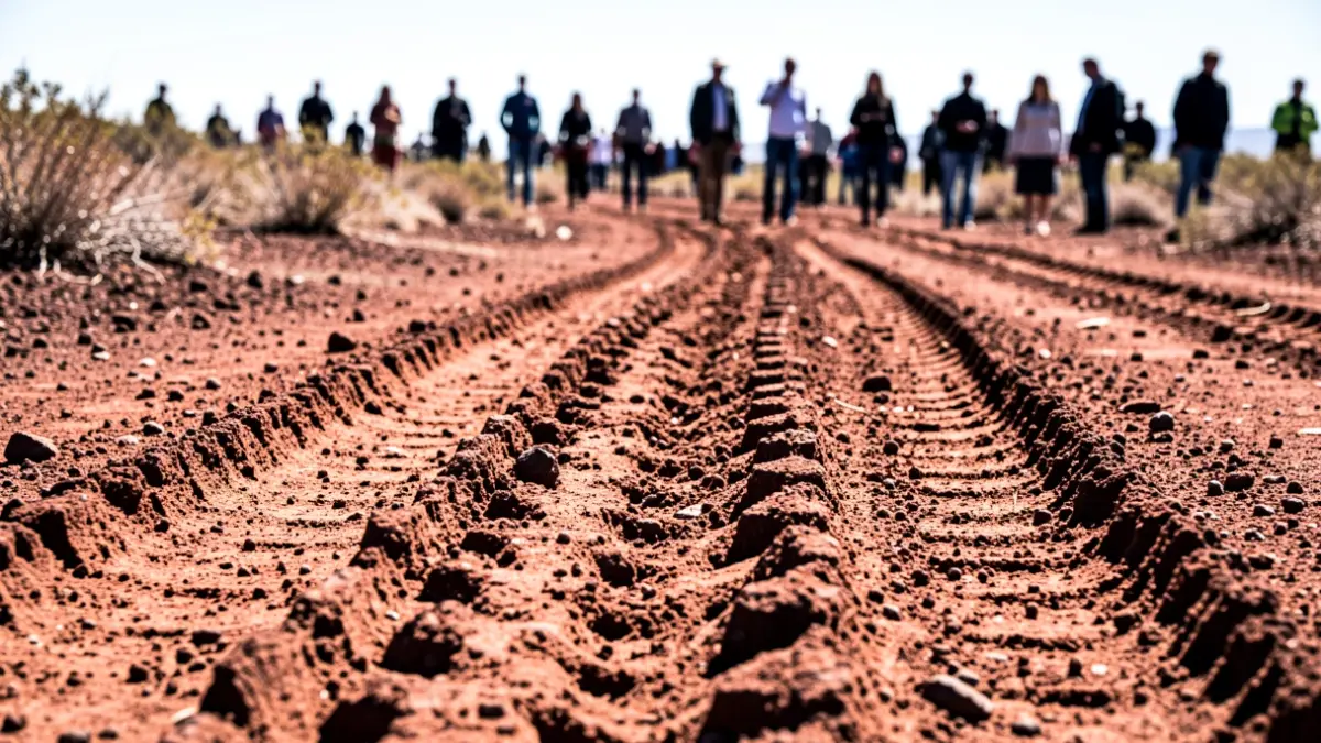 Motorcycle tire tracks on volcanic soil in a protected natural area.