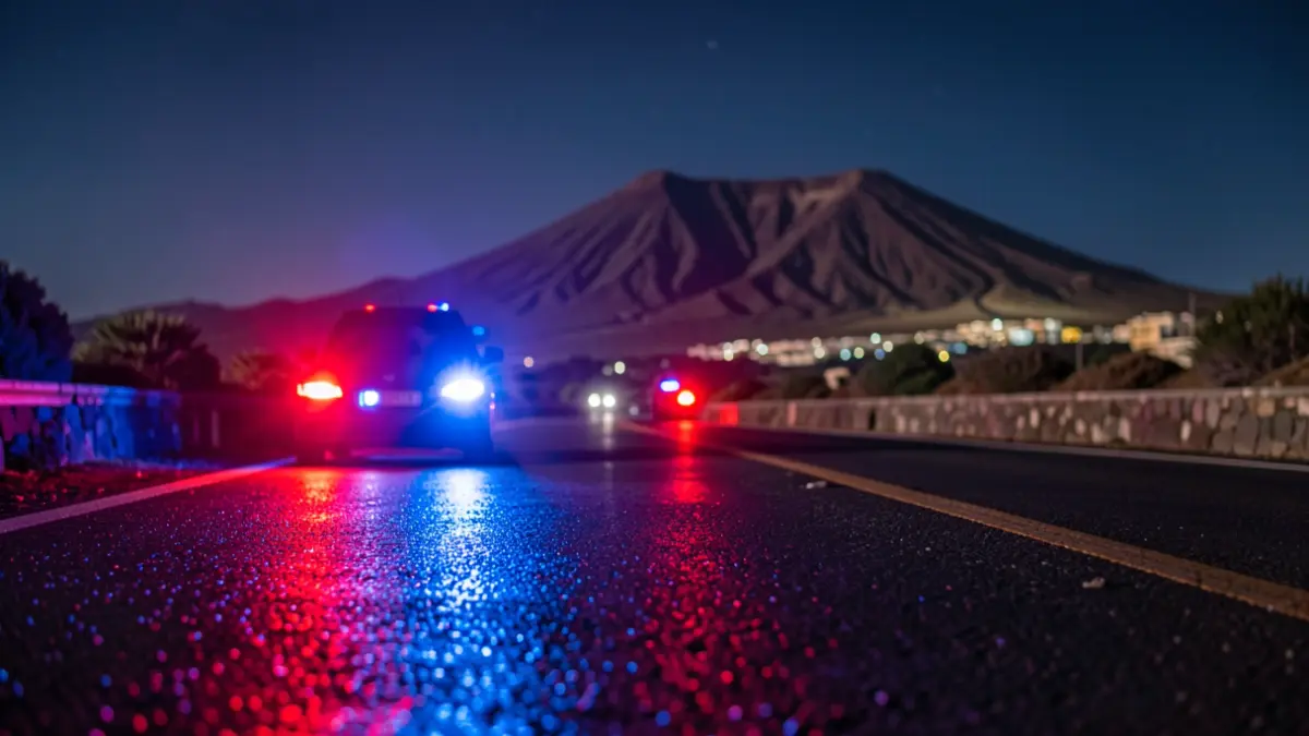 Imagen genérica de luces de emergencia policiales reflejándose en el asfalto mojado por la noche, sin vehículos visibles.