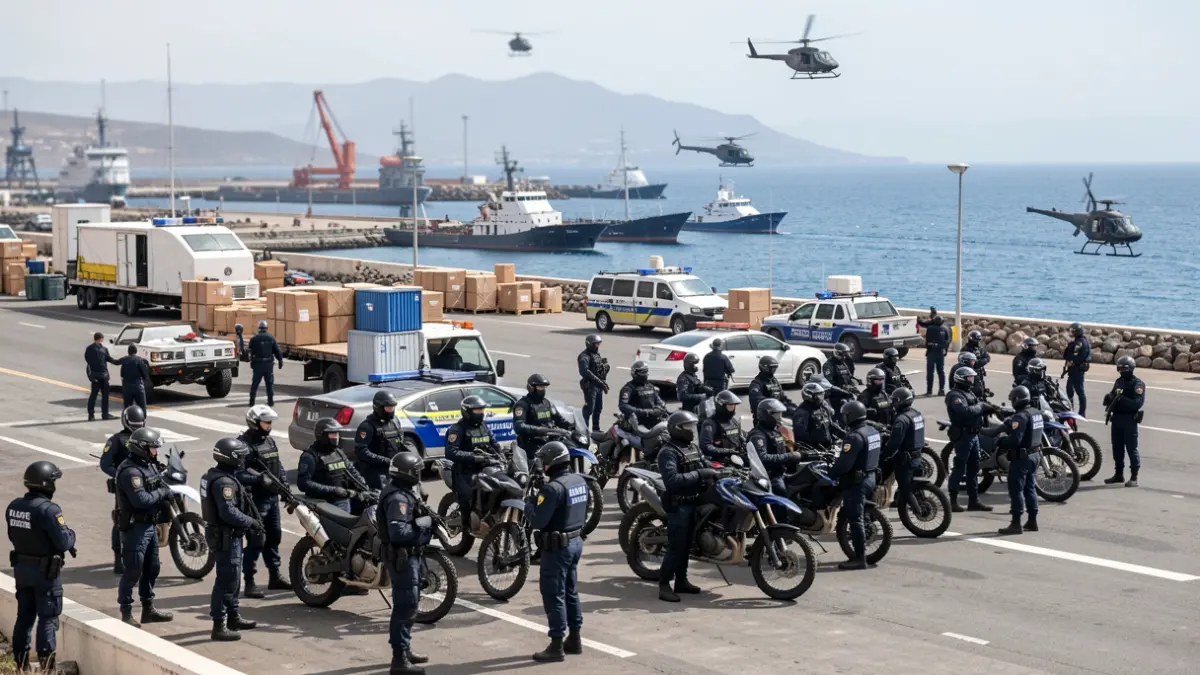 Generic image of a large security deployment in the port of Arguineguín, Gran Canaria, with maritime and aerial units.