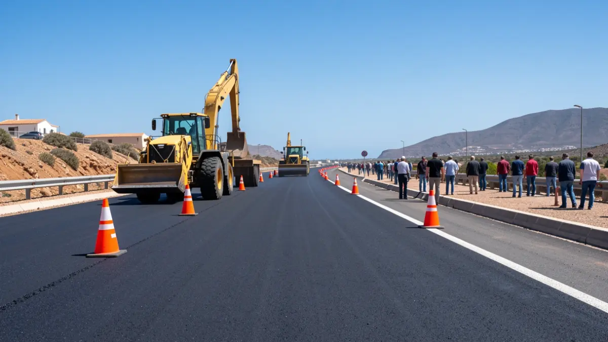 Imagen genérica de obras de asfaltado en una carretera de Canarias con maquinaria pesada y conos de tráfico.