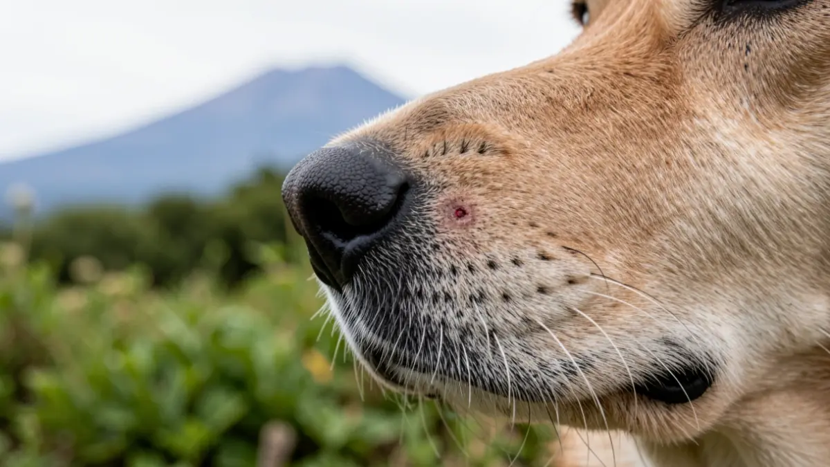 Close-up of a dog's snout with a skin lesion, with Teide in the background.