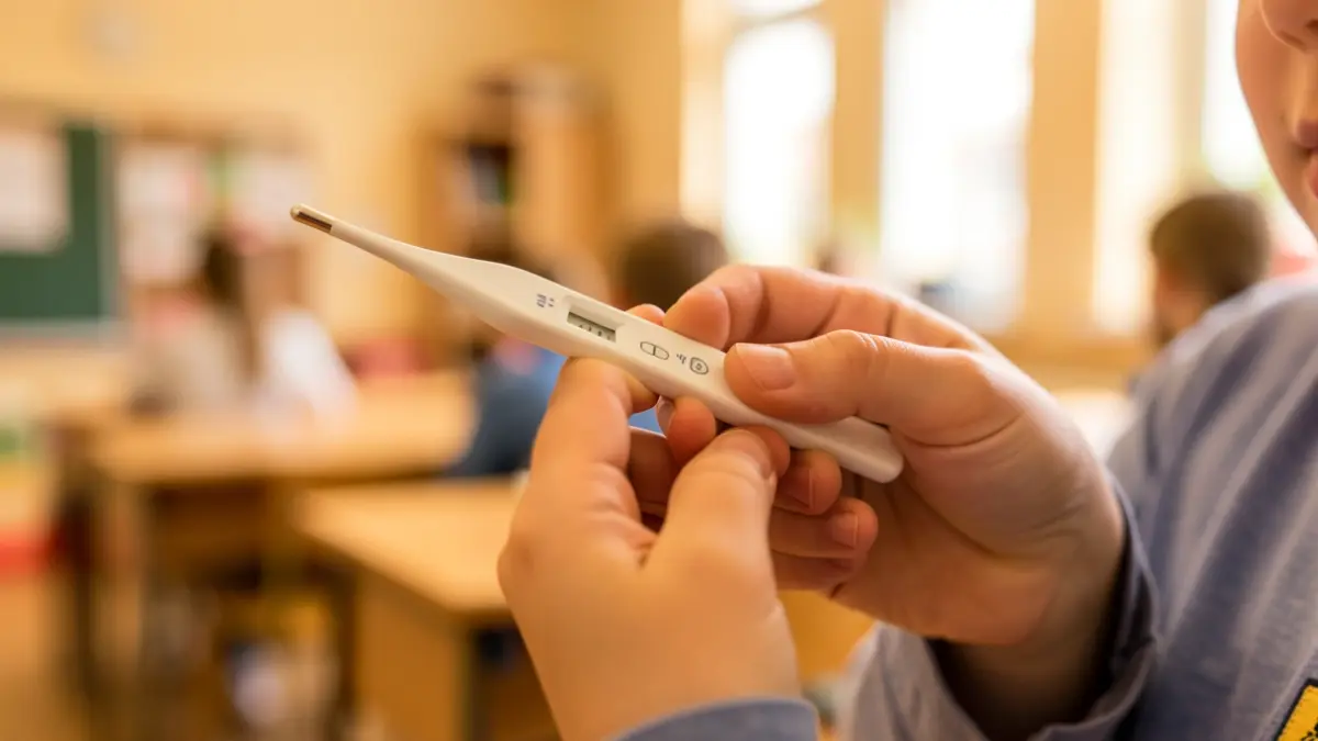 Primer plano de la mano de un niño con un termómetro médico, con un aula desenfocada al fondo.