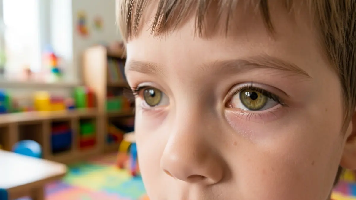 Close-up of a child's eyes with slight yellowing, blurred background of a children's classroom.