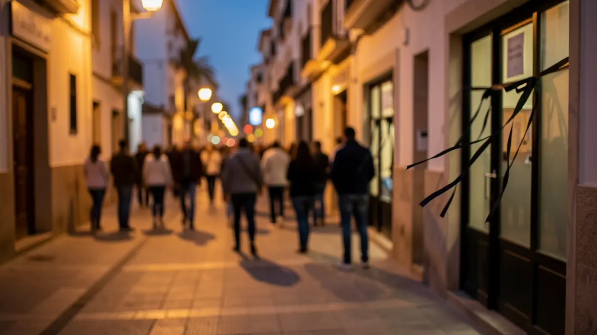 Generic image of a street in Schamann with black ribbons on a shop.