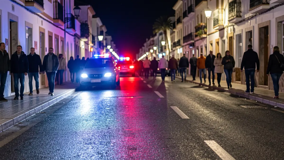 Imagen genérica de luces de emergencia policiales reflejándose en el asfalto mojado por la noche.