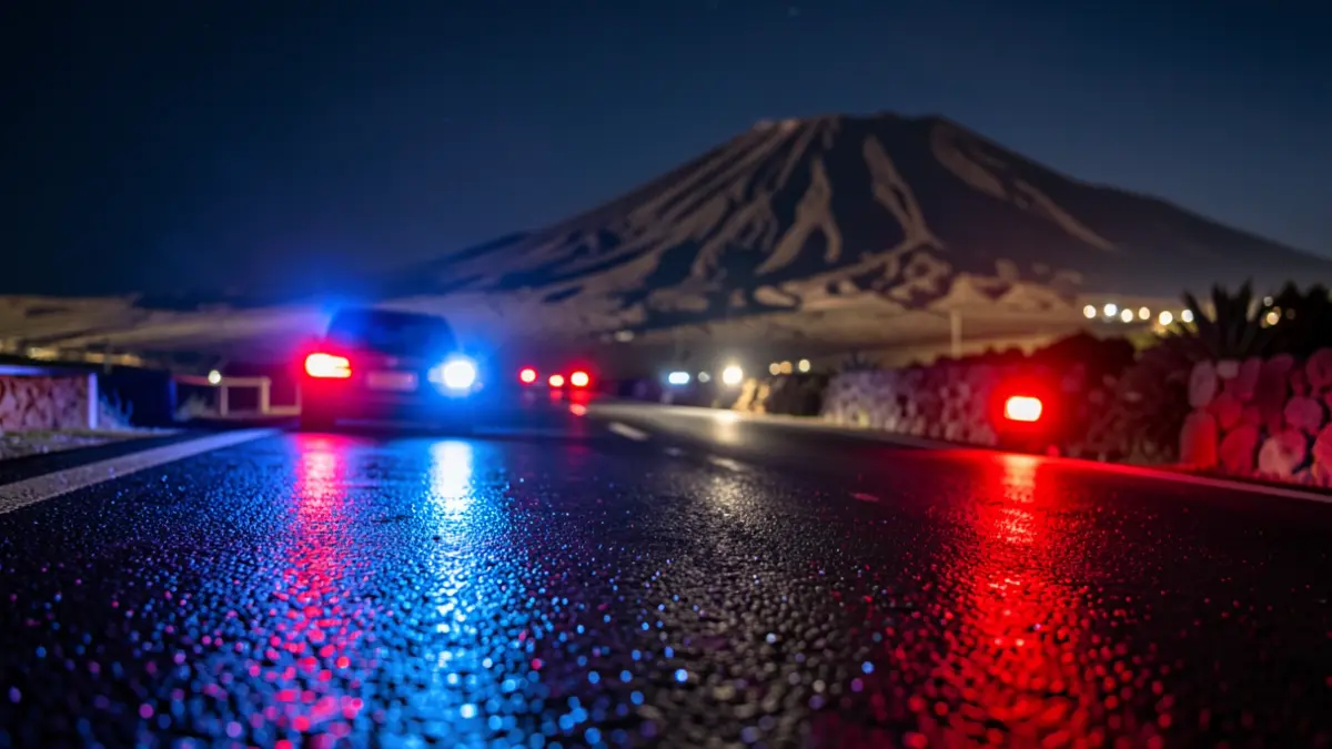 Generic image of police emergency lights reflecting on wet asphalt at night.