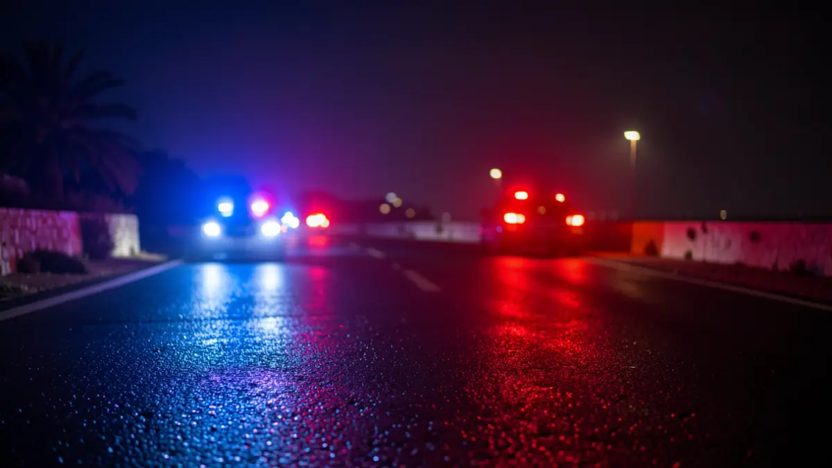 Generic image of police emergency lights reflected on asphalt at night.