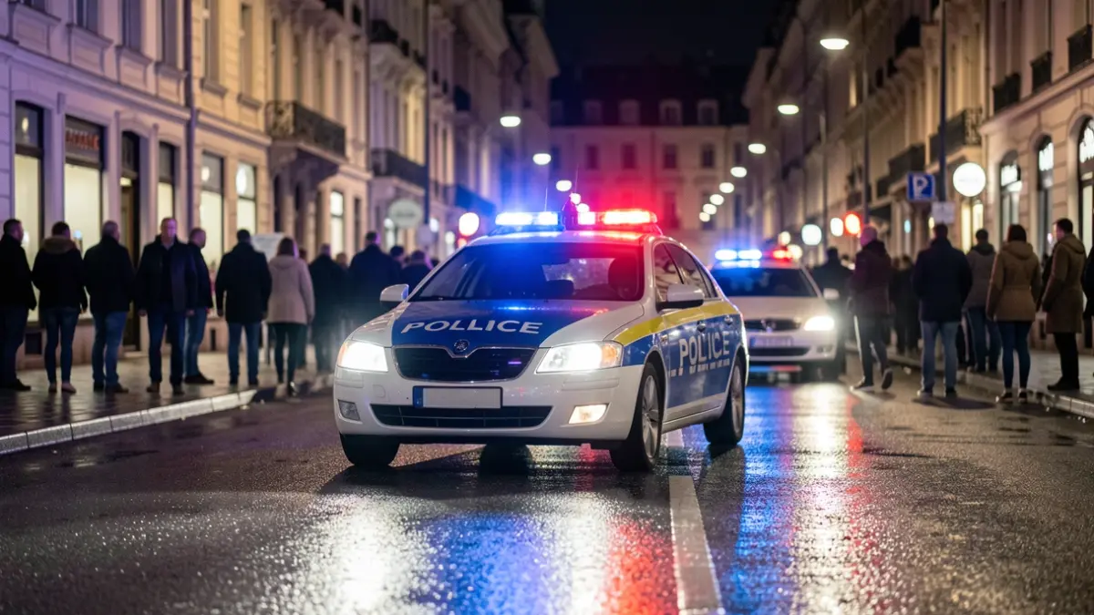 Generic image of police emergency lights reflecting on wet asphalt at night.
