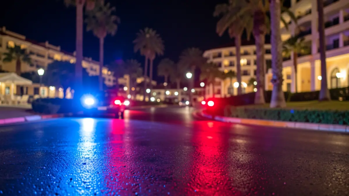 Imagen genérica de luces de emergencia policiales reflejándose en el asfalto mojado por la noche.