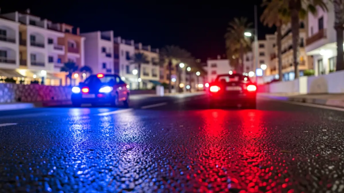 Imagen genérica de luces de emergencia policiales reflejándose en el asfalto mojado por la noche en una zona turística de Canarias.