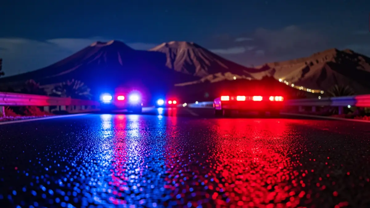 Imagen genérica de luces de emergencia policiales reflejándose en el asfalto mojado por la noche.