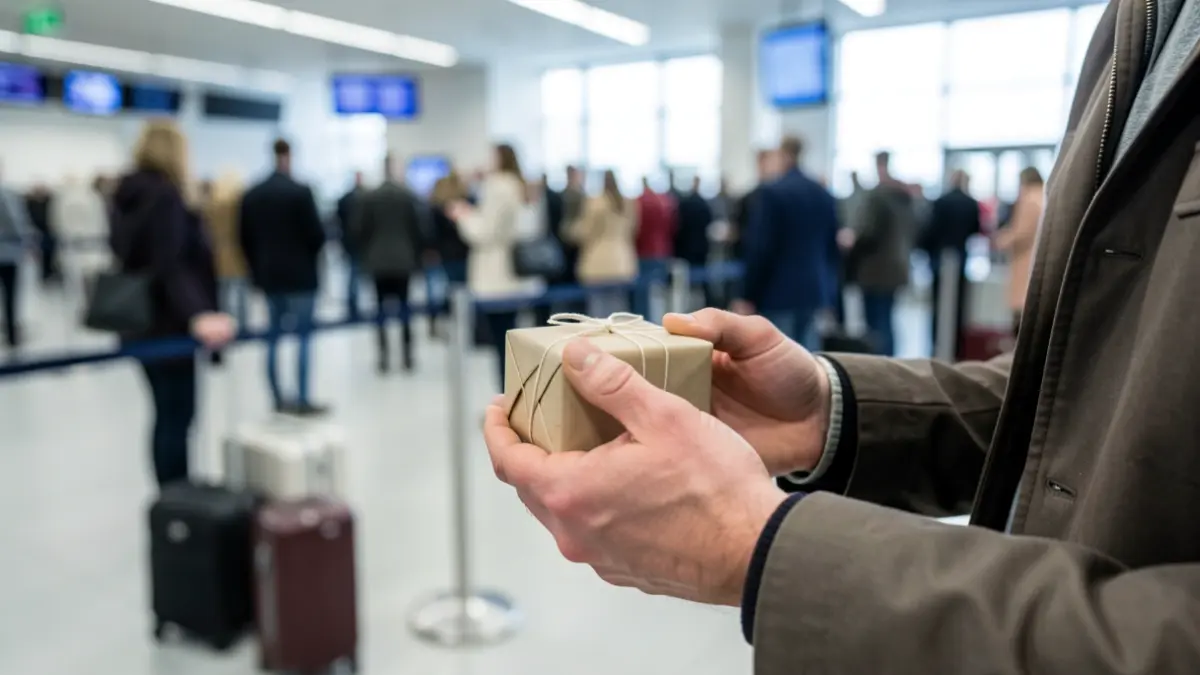 Close-up of hands holding a wrapped package, with blurred airport security scanners in the background.
