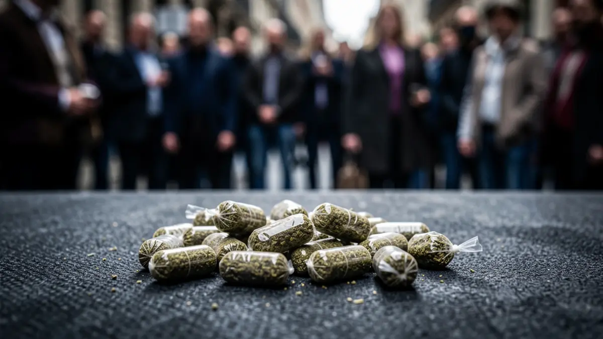 Close-up of hashish capsules arranged on a dark surface.