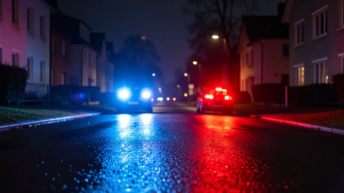 Imagen genérica de luces de emergencia policiales reflejándose en el asfalto mojado por la noche.
