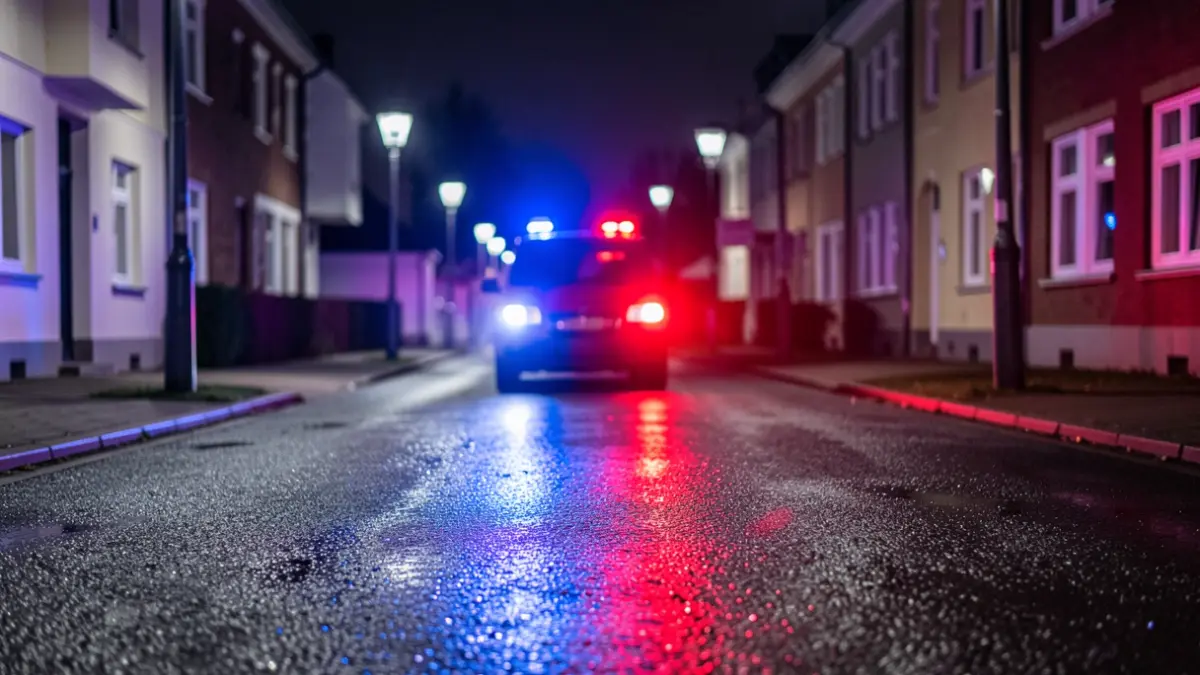 Generic image of police emergency lights reflecting on wet asphalt at night.