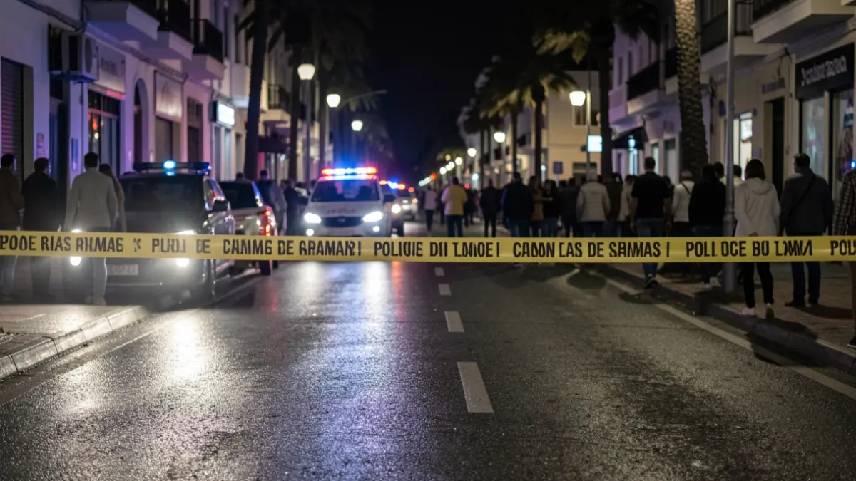 Police tape cordoning off a street at night in Las Palmas de Gran Canaria, with blurred emergency lights on wet asphalt.