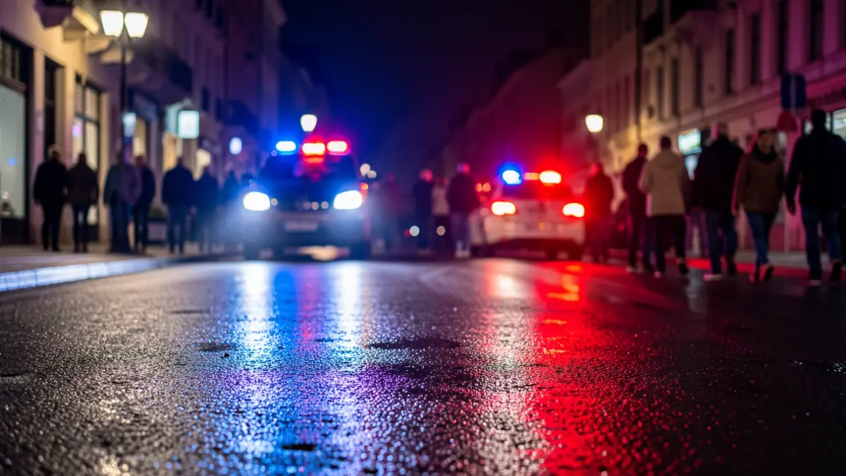 Generic image of police emergency lights reflecting on asphalt at night.