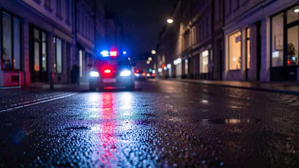 Generic image of police emergency lights reflecting on asphalt at night.