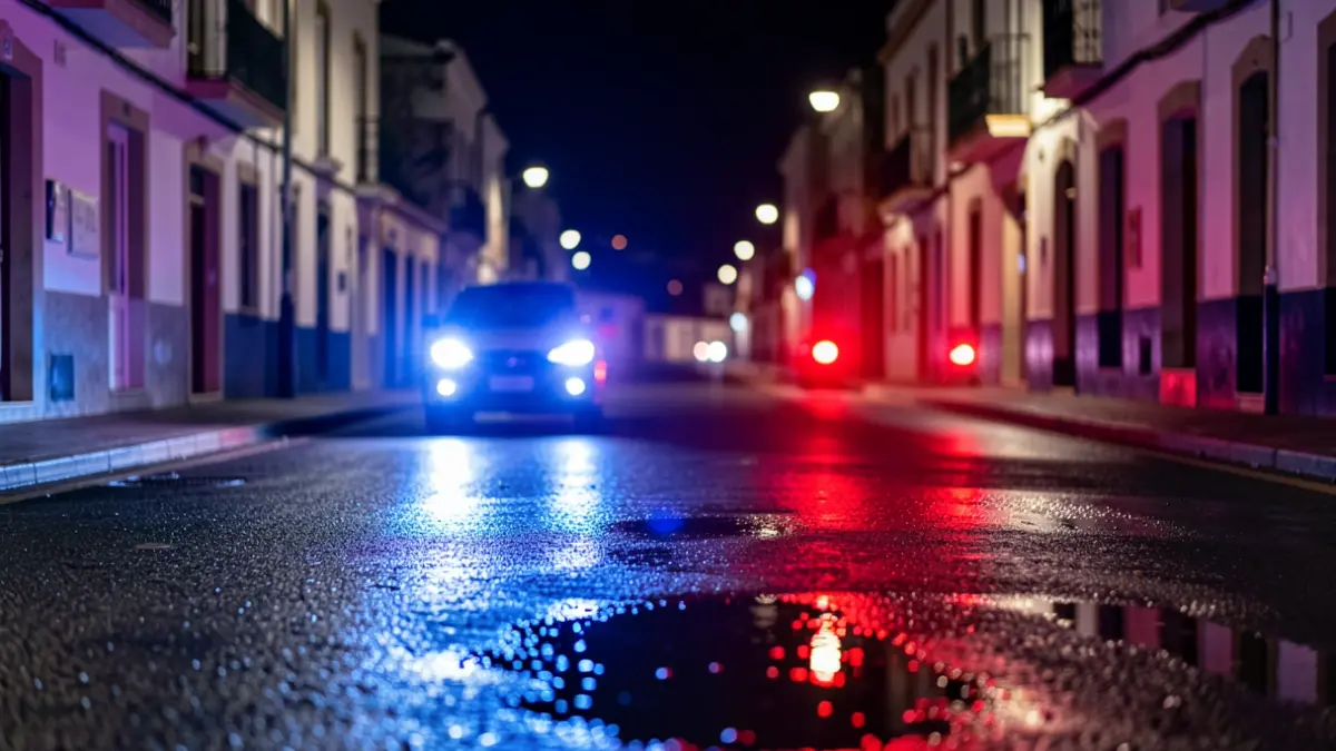 Generic image of police emergency lights reflecting on asphalt at night.