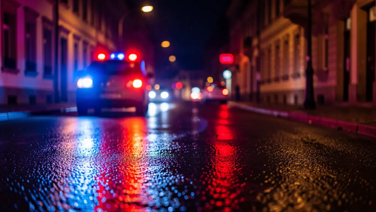 Generic image of police emergency lights reflecting on asphalt at night.
