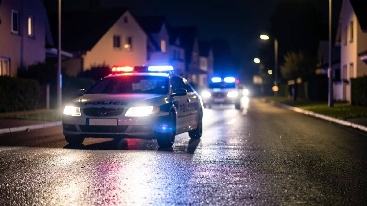 Imagen genérica de luces de policía reflejándose en asfalto mojado por la noche.