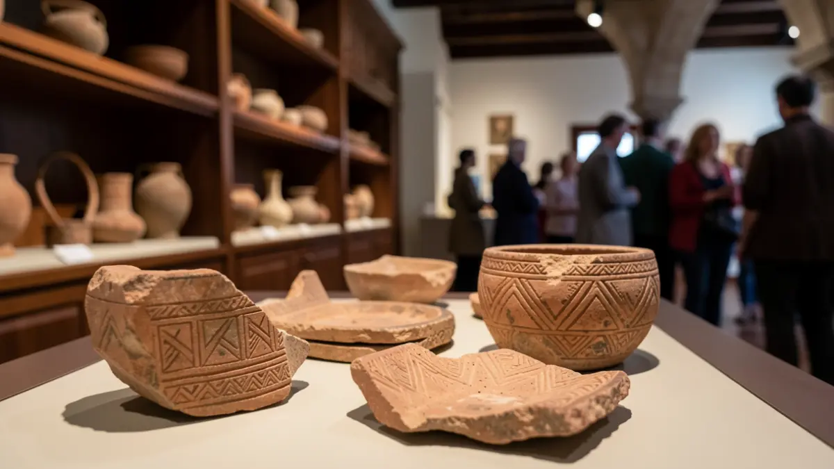 Imagen de artefactos arqueológicos antiguos en exhibición en un museo.