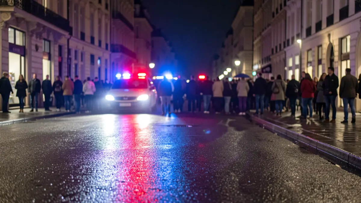 Imagen genérica de luces de emergencia policiales reflejándose en asfalto mojado por la noche.