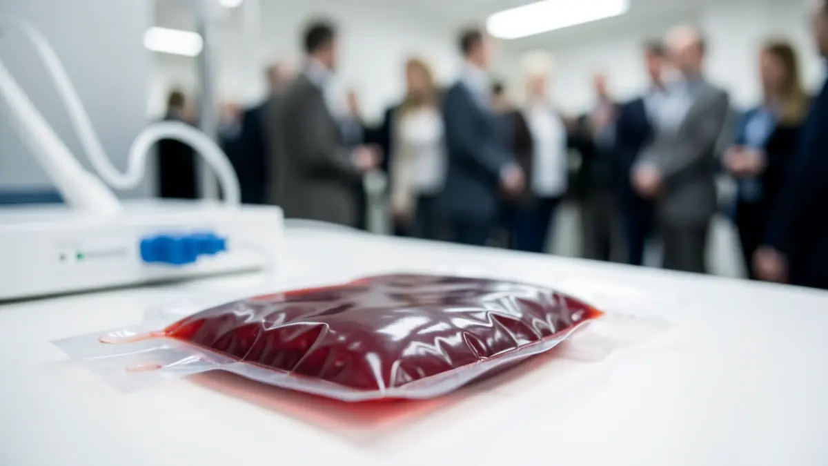 Close-up of a blood bag on a sterile white background.