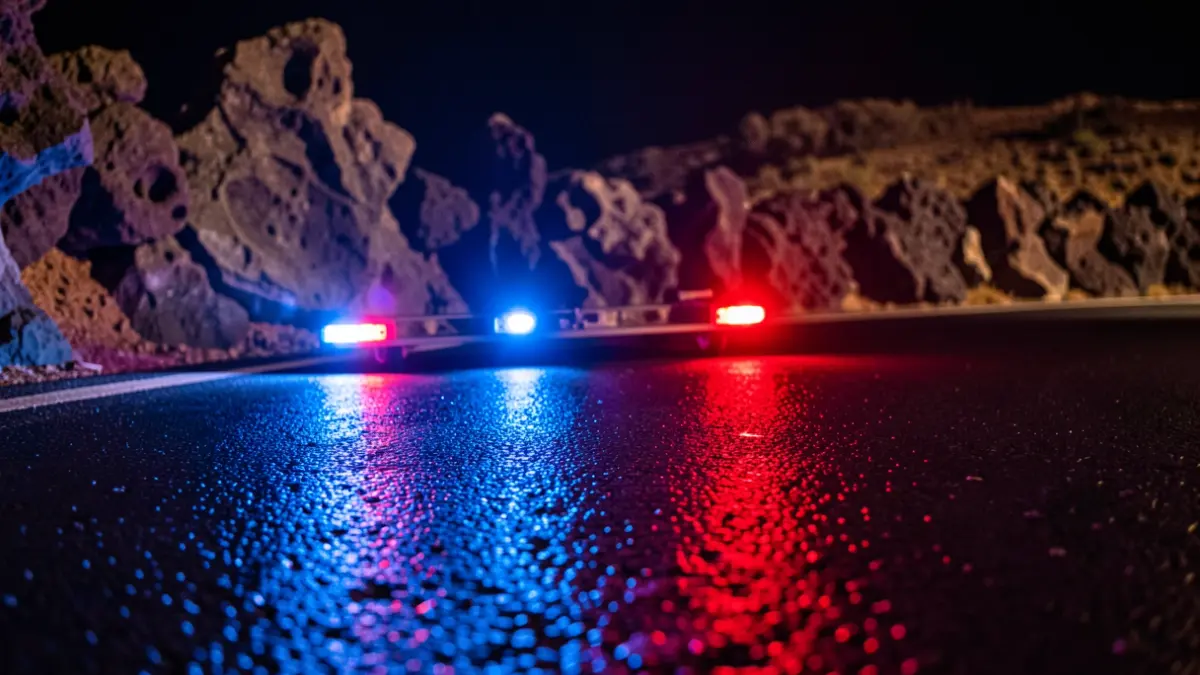 Generic image of police emergency lights reflecting on wet asphalt.