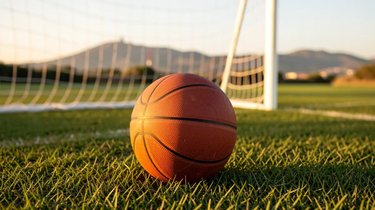 Generic image of a basketball on grass with a blurred net in the background.